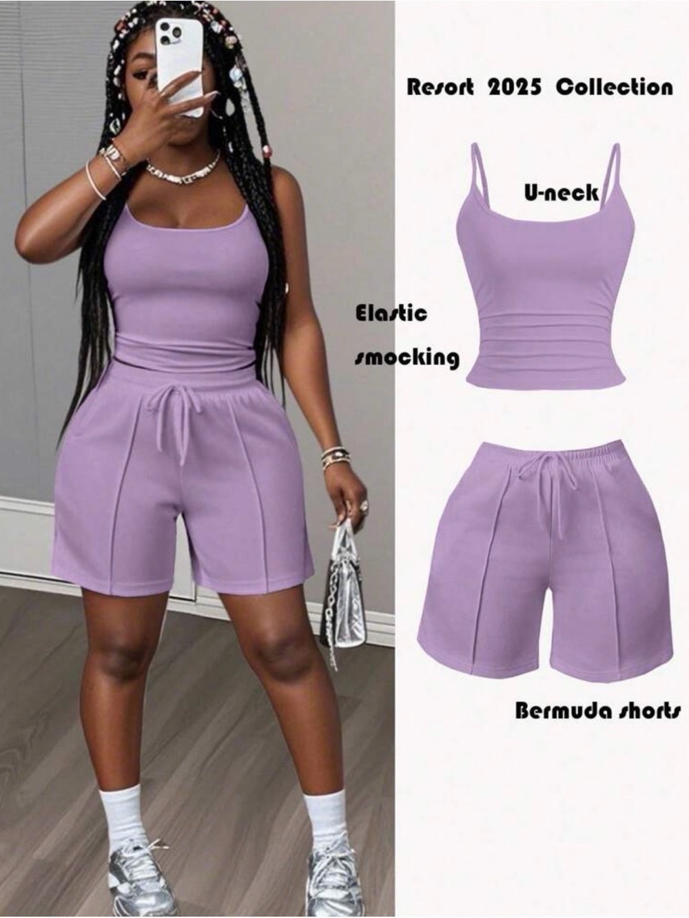 SHEIN Lilac Elastic Smocked Bermuda Shorts